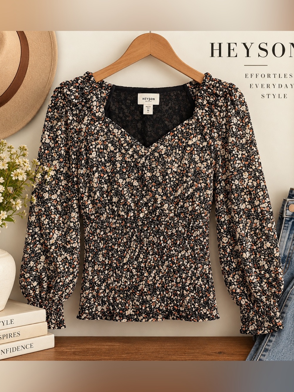 HEYSON Floral Smocked Waist Puff Sleeve Blouse Medium Fall Boho